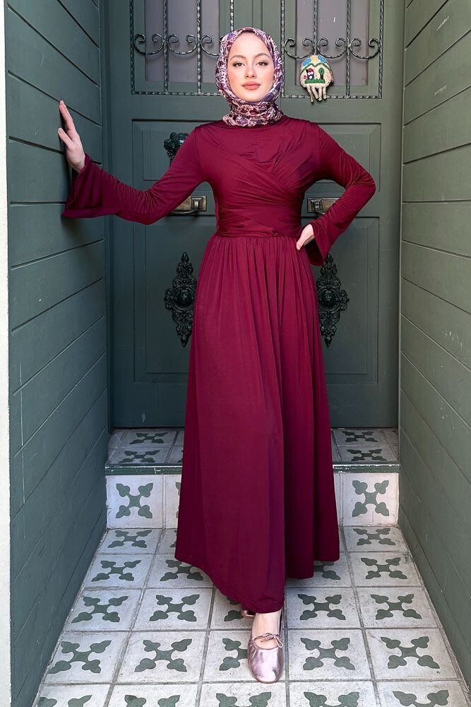 Büzgülü Sandy Elbise - Bordo - 4