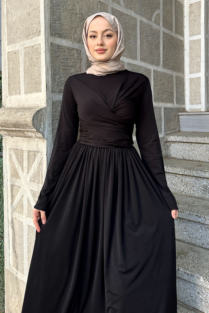 Büzgülü Sandy Elbise - Siyah - 7
