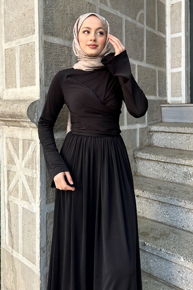 Büzgülü Sandy Elbise - Siyah - 2
