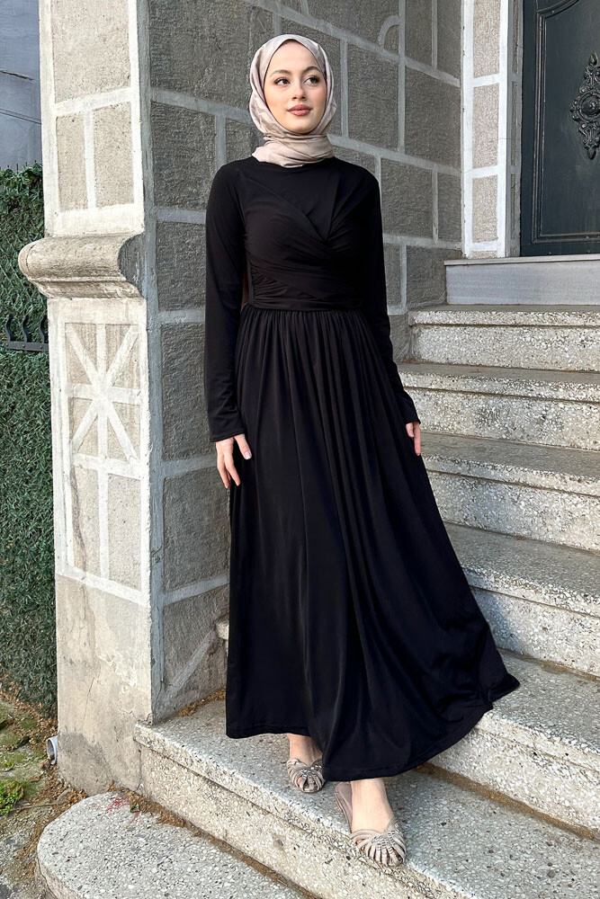 Büzgülü Sandy Elbise - Siyah - 5