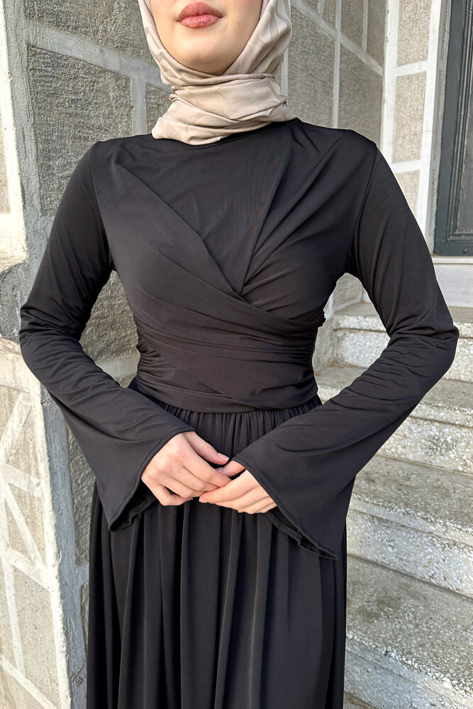 Büzgülü Sandy Elbise - Siyah - 6