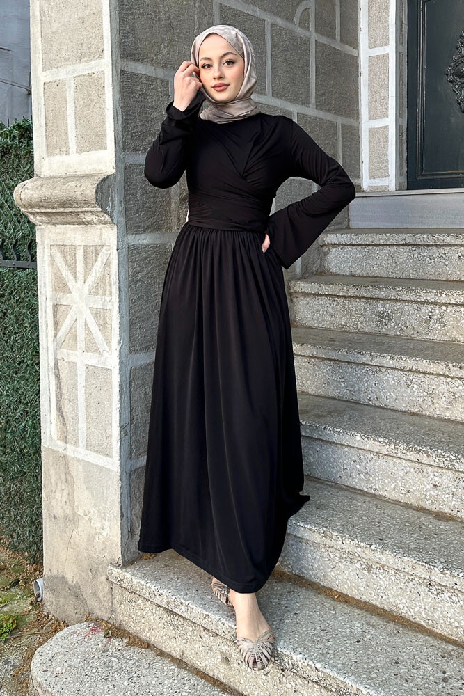 Büzgülü Sandy Elbise - Siyah - 3