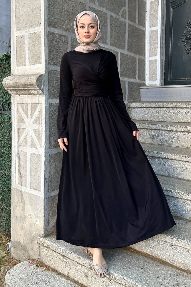 Büzgülü Sandy Elbise - Siyah 
