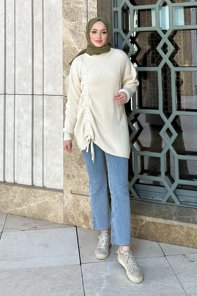 Büzgülü Triko Kazak - Bej - 4