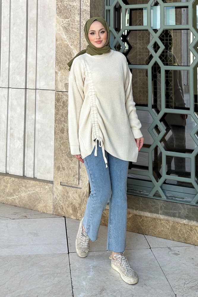 Büzgülü Triko Kazak - Bej - 1