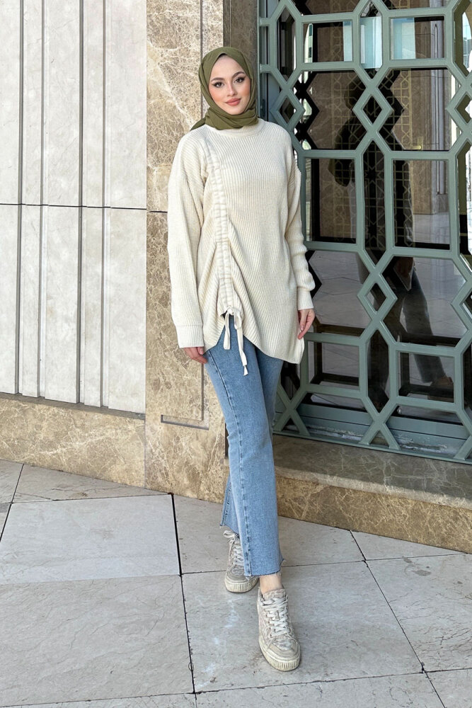 Büzgülü Triko Kazak - Bej - QUB (5)
