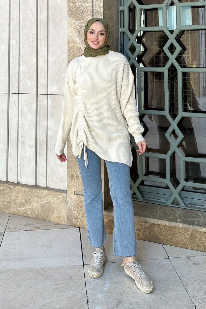 Büzgülü Triko Kazak - Bej - 8