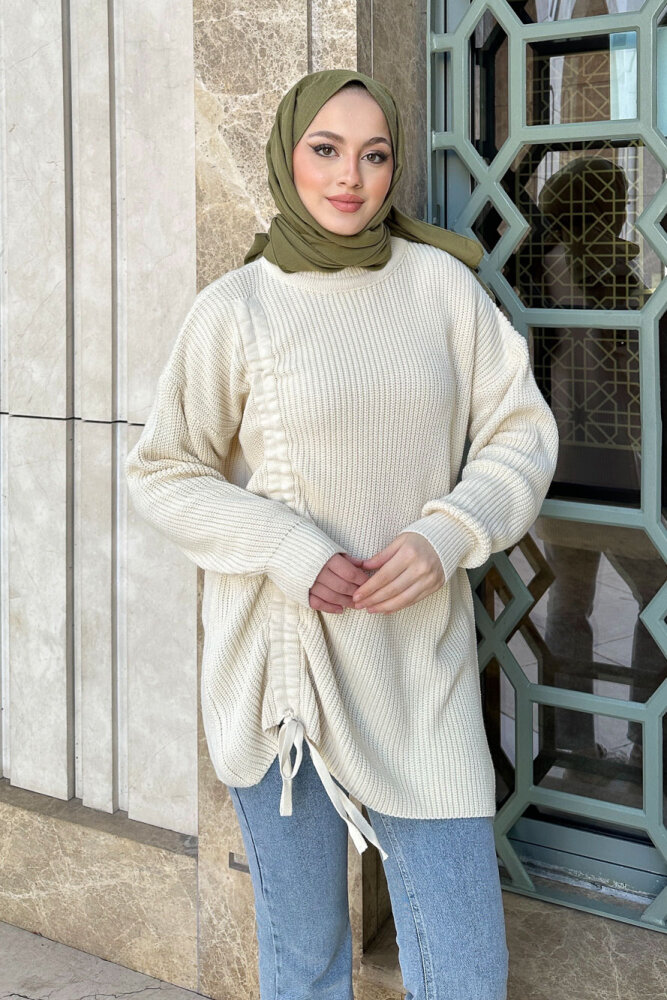 Büzgülü Triko Kazak - Bej - 5