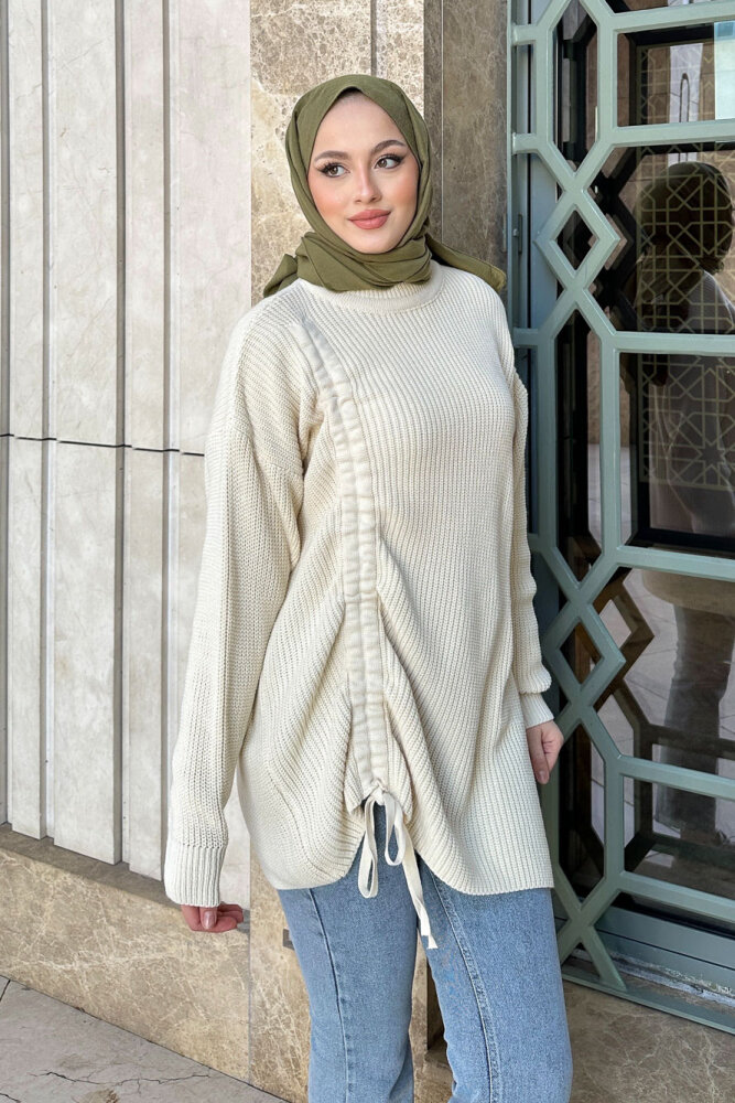 Büzgülü Triko Kazak - Bej - 2