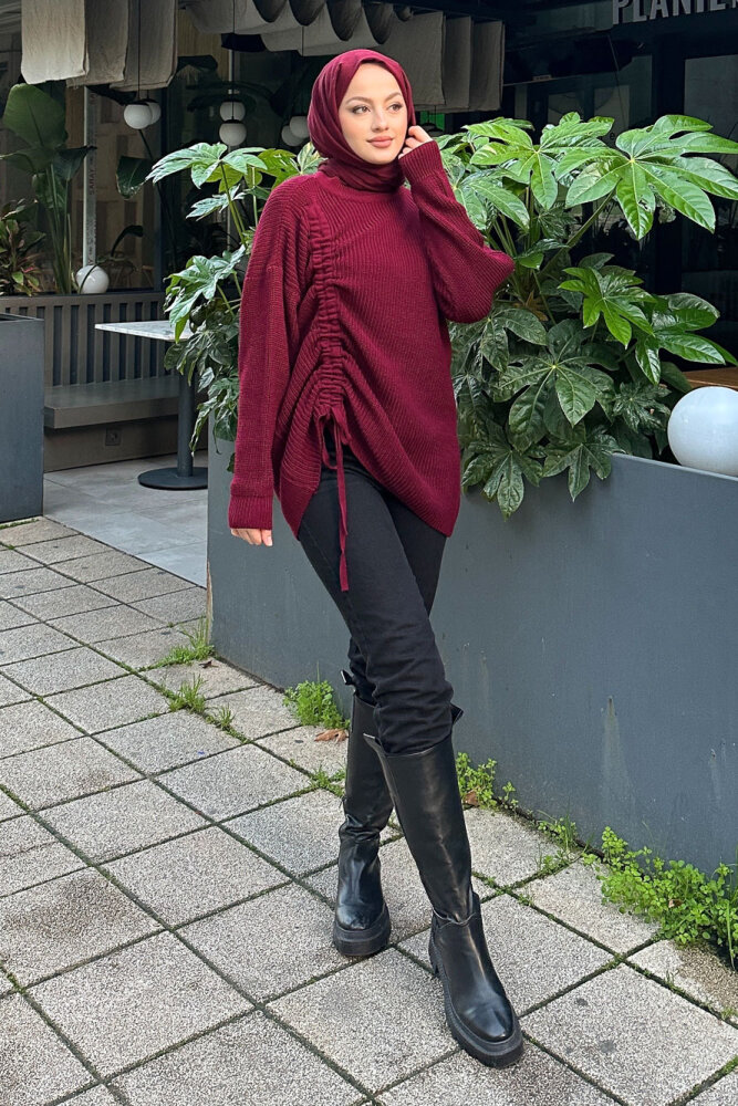 Büzgülü Triko Kazak - Bordo - QUB (2)