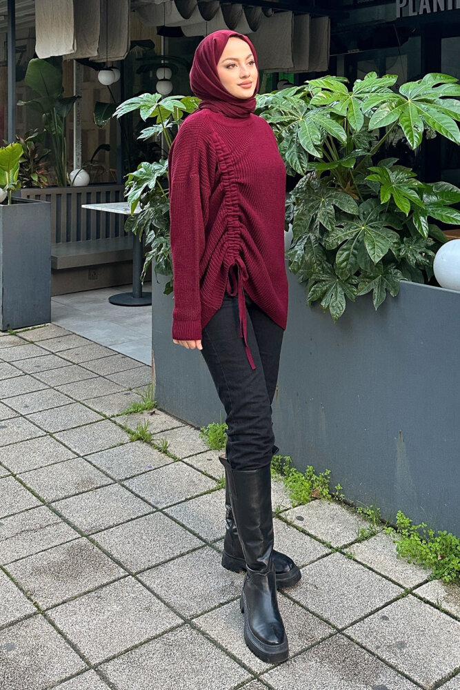 Büzgülü Triko Kazak - Bordo - 7