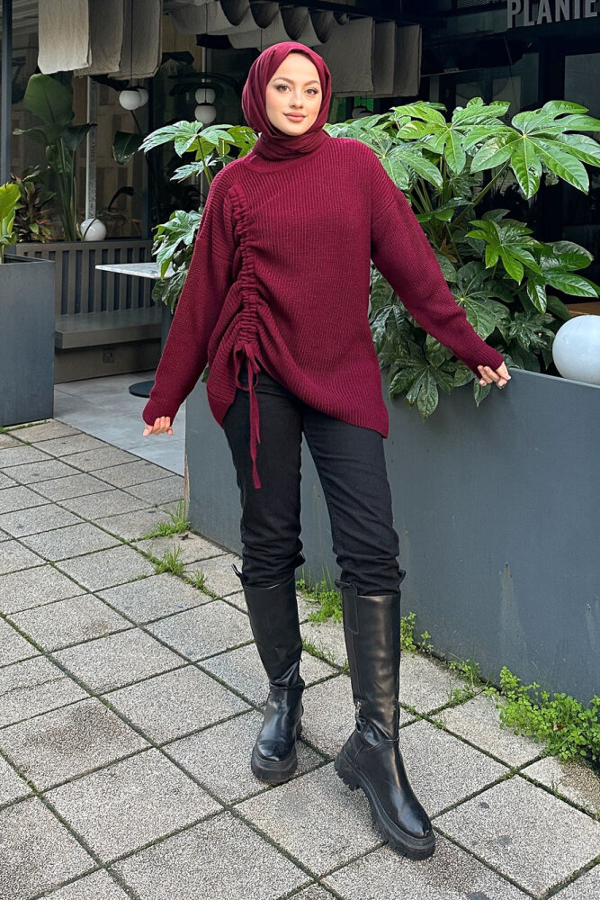 Büzgülü Triko Kazak - Bordo - 5