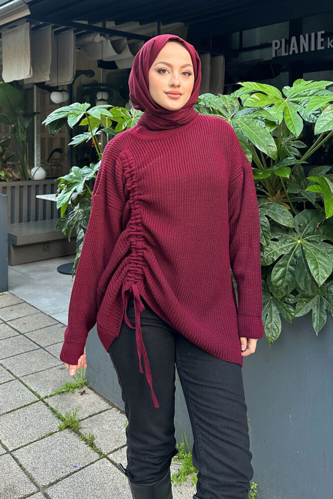 Büzgülü Triko Kazak - Bordo - 2