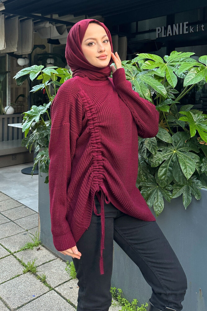 Büzgülü Triko Kazak - Bordo - 6