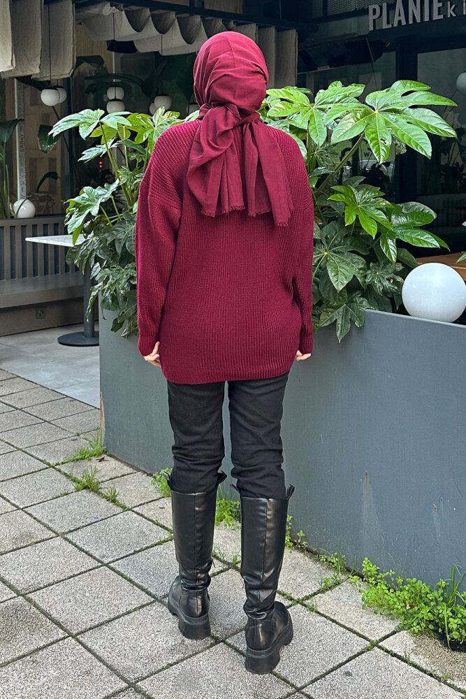 Büzgülü Triko Kazak - Bordo - 8