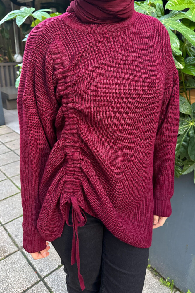 Büzgülü Triko Kazak - Bordo - 4