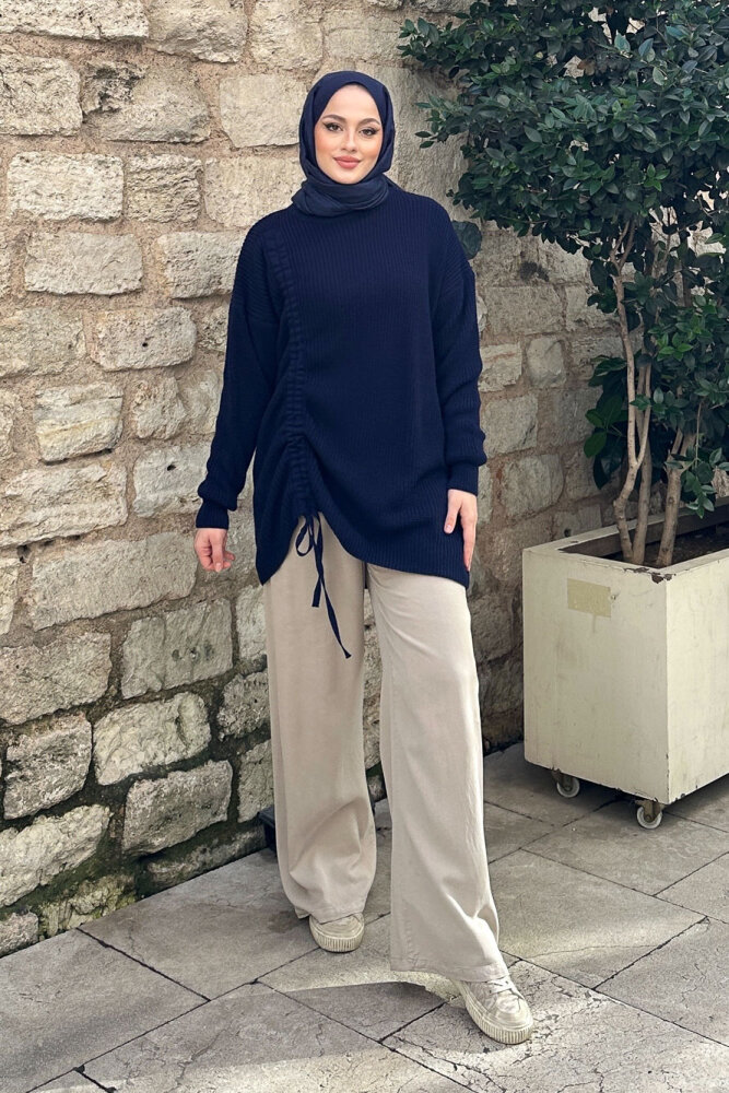 Büzgülü Triko Kazak - Lacivert - 1