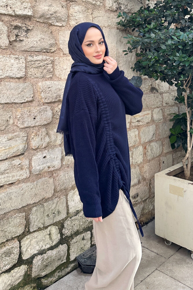 Büzgülü Triko Kazak - Lacivert - 2