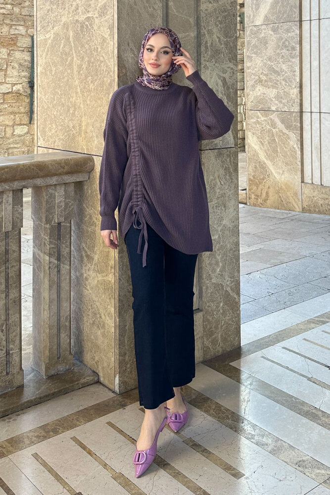 Büzgülü Triko Kazak - Lila - QUB (1)