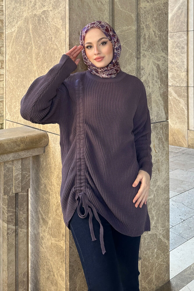 Büzgülü Triko Kazak - Lila - 1