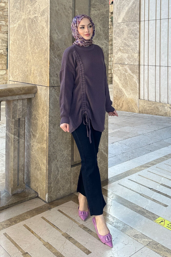 Büzgülü Triko Kazak - Lila - QUB (2)