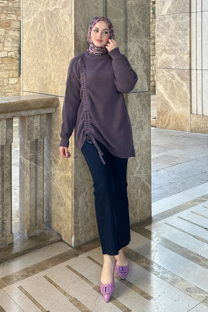 Büzgülü Triko Kazak - Lila - 6