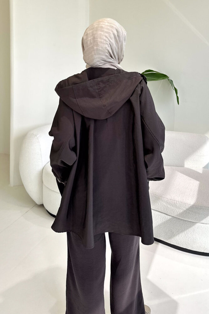 Calista Kapüşonlu Çıtçıtlı Kısa Trenç - Acı Kahve - 8