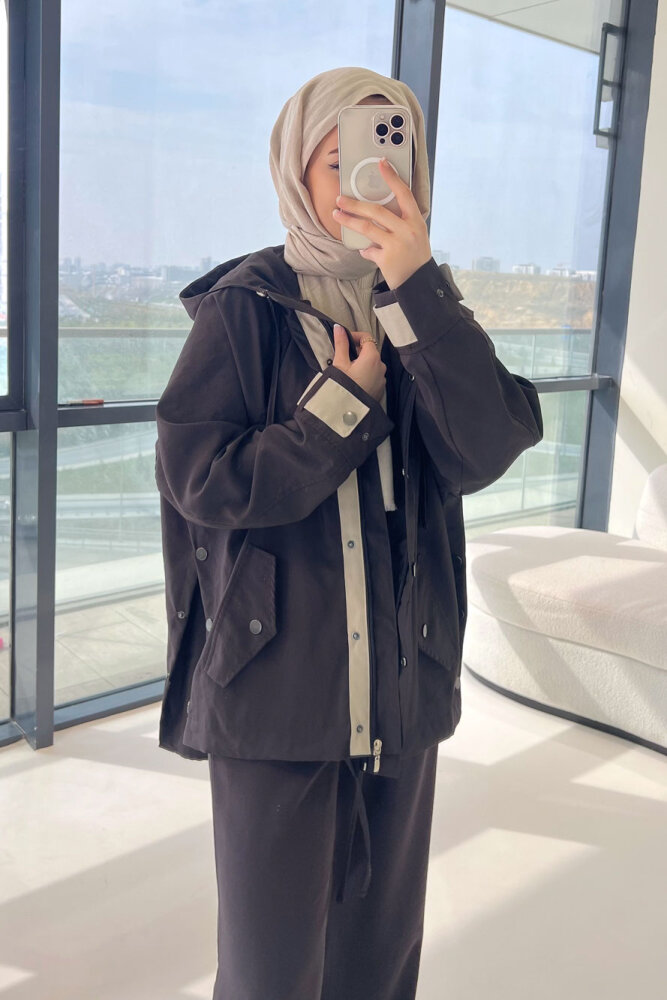 Calista Kapüşonlu Çıtçıtlı Kısa Trenç - Acı Kahve - 4