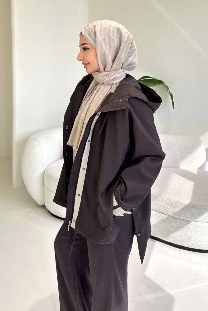 Calista Kapüşonlu Çıtçıtlı Kısa Trenç - Acı Kahve - 3