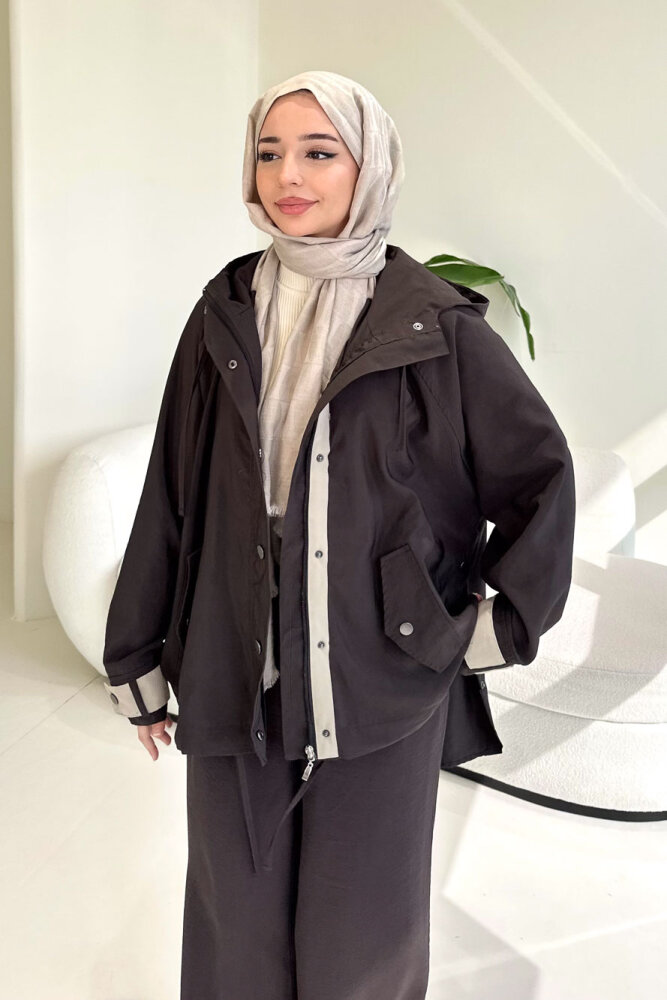 Calista Kapüşonlu Çıtçıtlı Kısa Trenç - Acı Kahve - 9