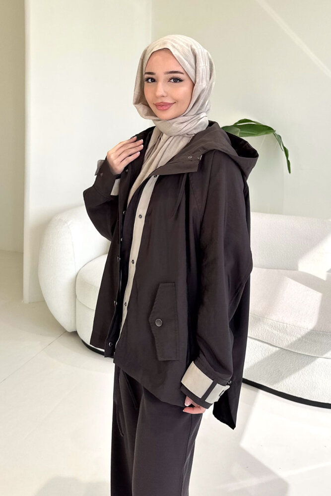 Calista Kapüşonlu Çıtçıtlı Kısa Trenç - Acı Kahve - 7