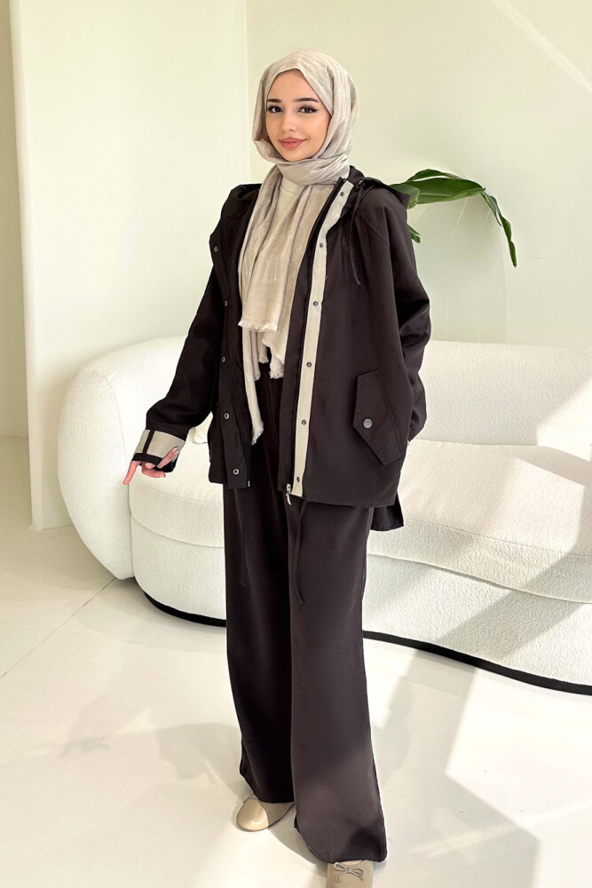 Calista Kapüşonlu Çıtçıtlı Kısa Trenç - Acı Kahve - 2