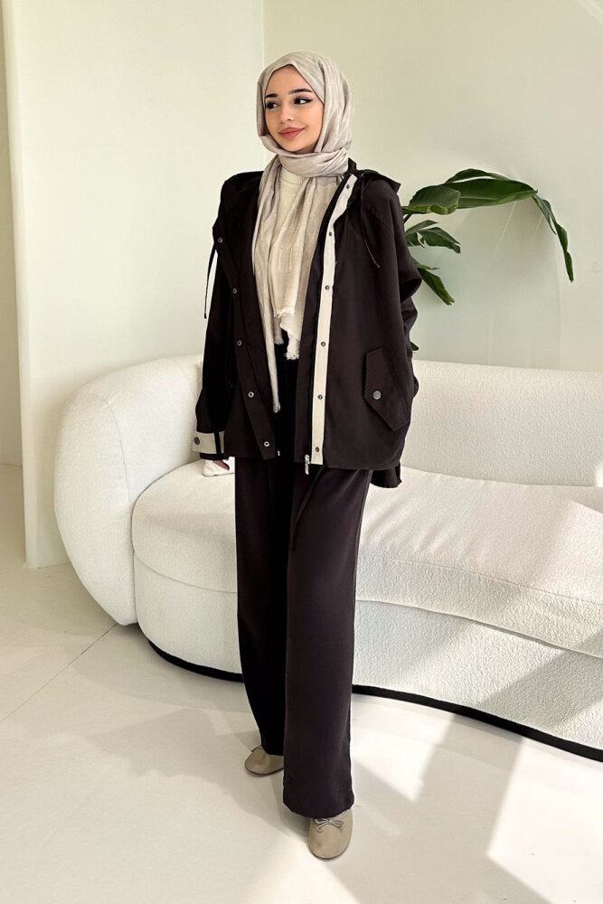 Calista Kapüşonlu Çıtçıtlı Kısa Trenç - Acı Kahve - 10