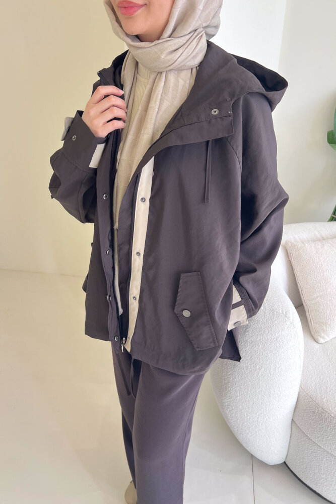 Calista Kapüşonlu Çıtçıtlı Kısa Trenç - Acı Kahve - 5