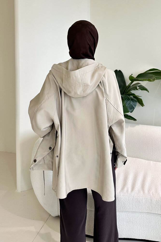 Calista Kapüşonlu Çıtçıtlı Kısa Trenç - Bej - 8