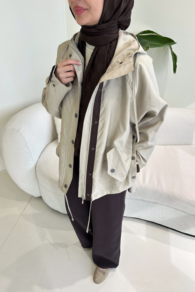Calista Kapüşonlu Çıtçıtlı Kısa Trenç - Bej - 6
