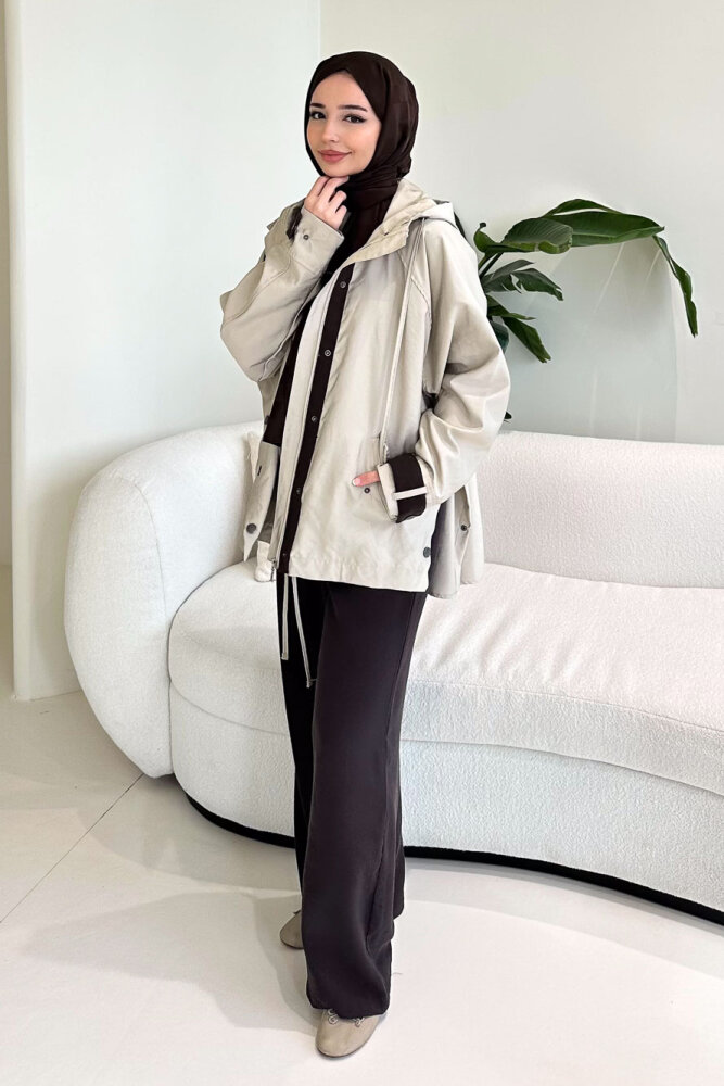 Calista Kapüşonlu Çıtçıtlı Kısa Trenç - Bej - 9