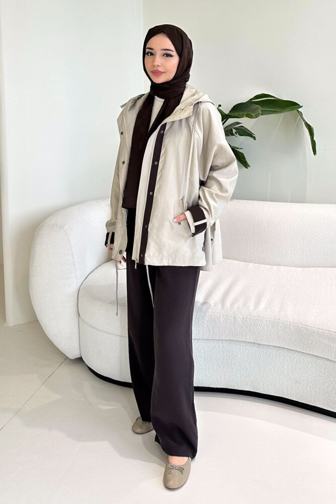 Calista Kapüşonlu Çıtçıtlı Kısa Trenç - Bej - 3