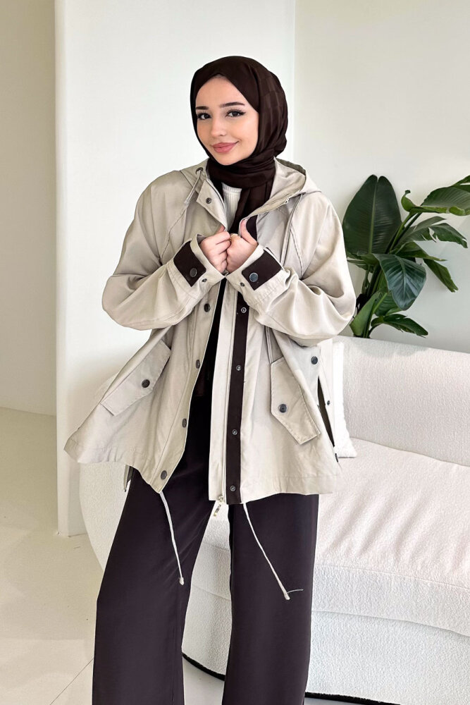 Calista Kapüşonlu Çıtçıtlı Kısa Trenç - Bej - 7