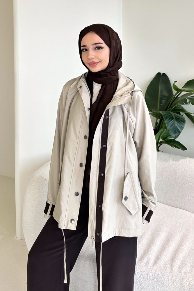 Calista Kapüşonlu Çıtçıtlı Kısa Trenç - Bej - 5