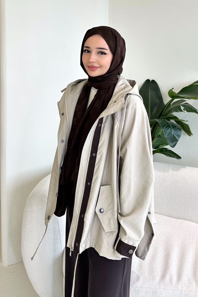 Calista Kapüşonlu Çıtçıtlı Kısa Trenç - Bej - 10