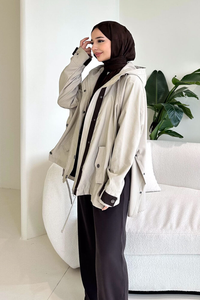 Calista Kapüşonlu Çıtçıtlı Kısa Trenç - Bej - 1
