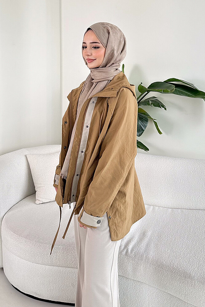 Calista Kapüşonlu Çıtçıtlı Kısa Trenç - Camel - 4