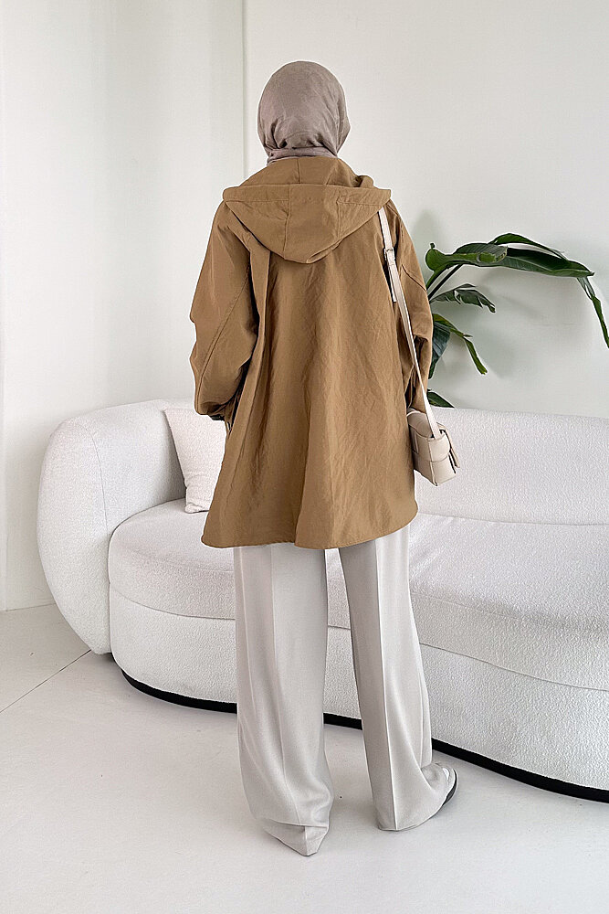 Calista Kapüşonlu Çıtçıtlı Kısa Trenç - Camel - 6