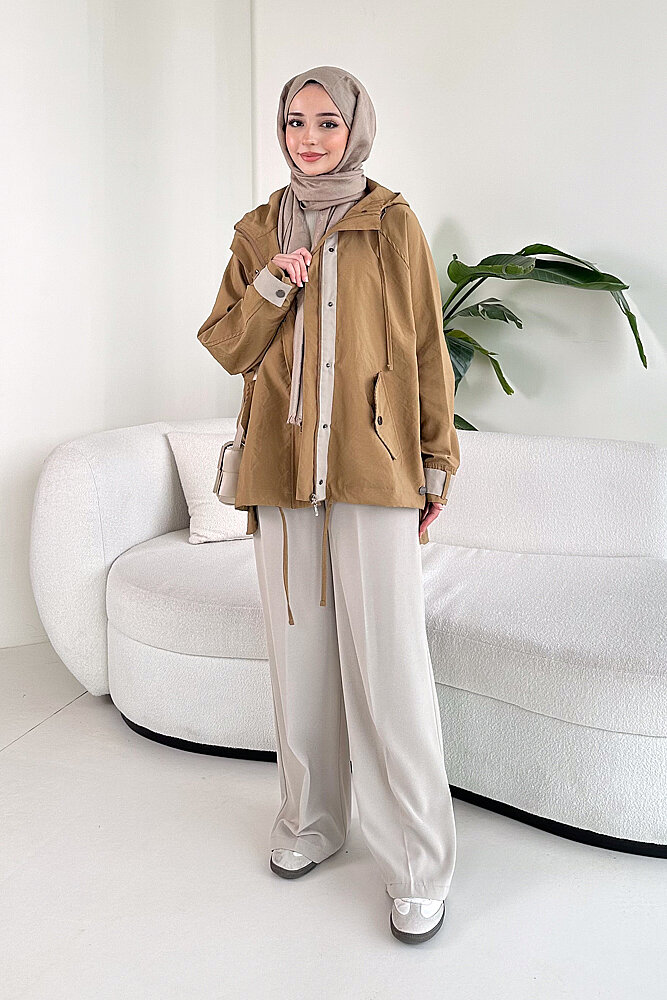 Calista Kapüşonlu Çıtçıtlı Kısa Trenç - Camel - 2