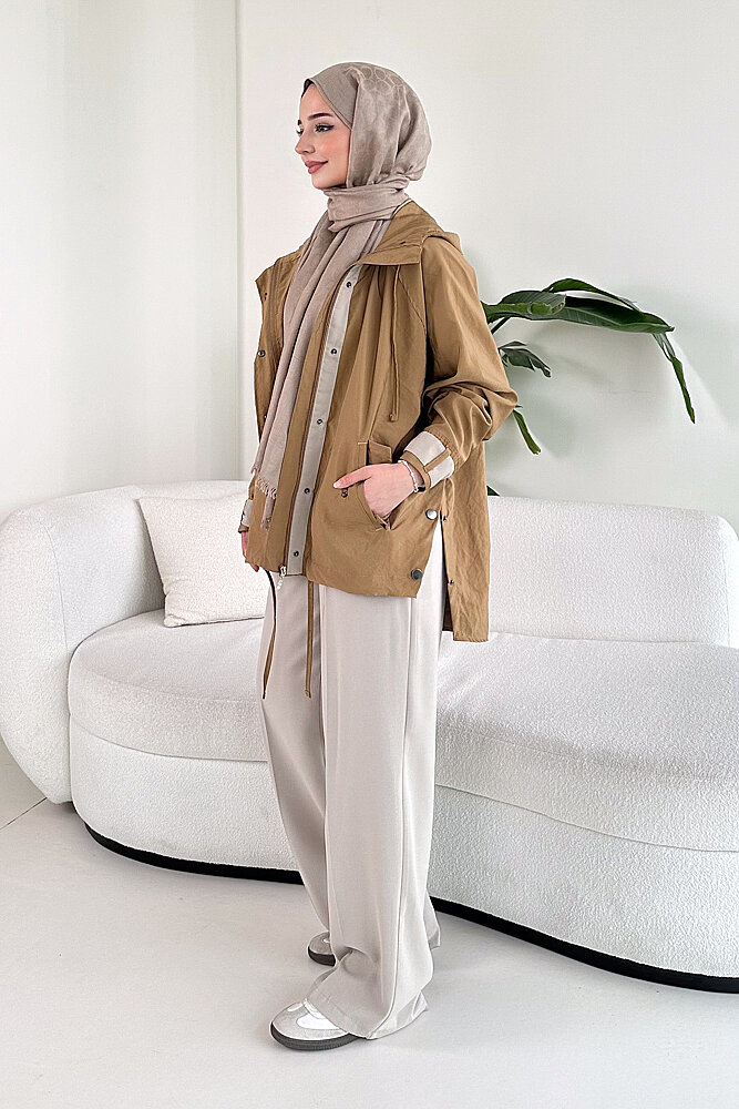 Calista Kapüşonlu Çıtçıtlı Kısa Trenç - Camel - 5