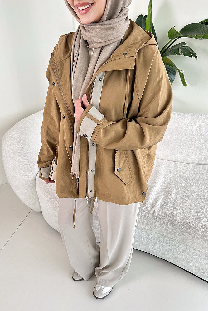 Calista Kapüşonlu Çıtçıtlı Kısa Trenç - Camel - 3