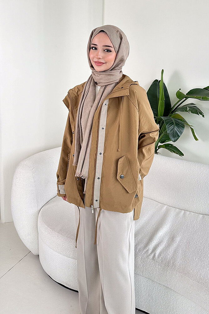 Calista Kapüşonlu Çıtçıtlı Kısa Trenç - Camel - 1