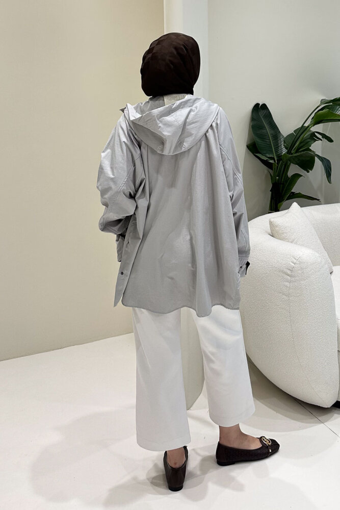 Calista Kapüşonlu Çıtçıtlı Kısa Trenç - Gri - ALLMİSS (3)