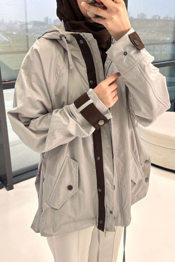 Calista Kapüşonlu Çıtçıtlı Kısa Trenç - Gri - ALLMİSS (1)